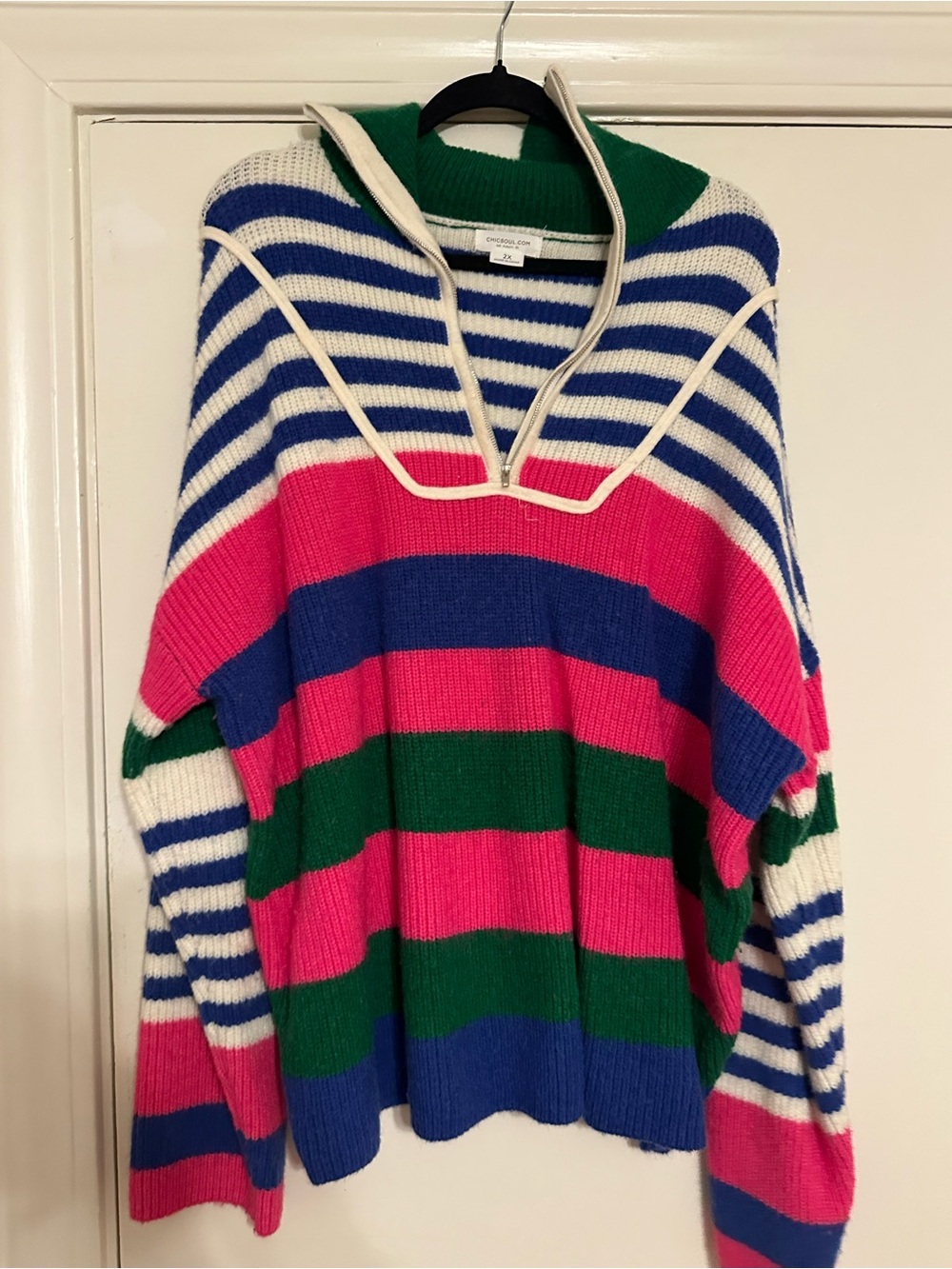 Chic Soul Striped Half-Zip Sweater in Pink, Blue & Green